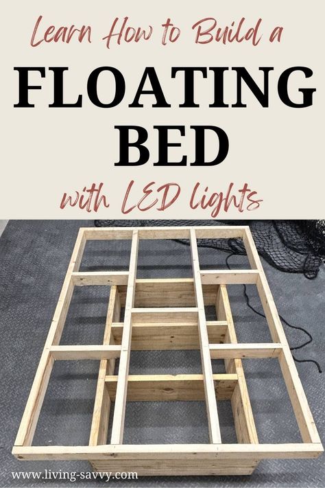 Learn How to Build a Floating Bed with LED Lights Diy Platform Bed With Led Lights, Floating Platform Bed Twin, Flooding Bed Frame, Floating Full Bed Frame Diy, Full Size Floating Bed Frame Plans, Diy Bed Frame King Size, Dyi Floating Bed, Floating Bed Diy Queen, Building A Bed Frame Diy