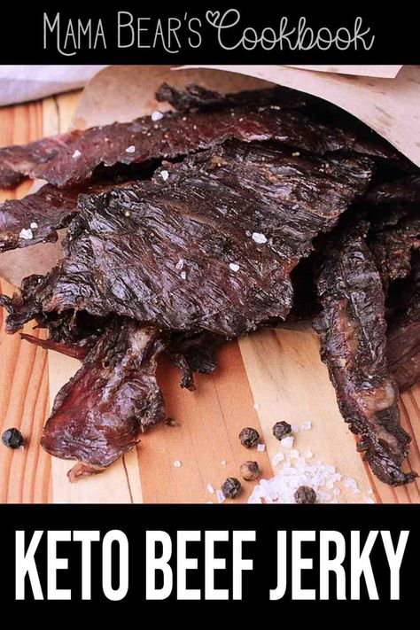 Not just your average dried meat, this delicious Keto Beef Jerky is sugar free, smokey, chewy, salty and totally easy to make at home! Perfect for road trips or easy keto friendly snacking! #keto #lowcarb #sugarfree #meat #jerky #mamabearscookbook Sugar Free Beef Jerky Recipe, Keto Jerky Recipe, Keto Beef Jerky Recipe, Jerky Marinade Recipes, Beef Jerky Recipe Dehydrator, Beef Jerky Marinade, Jerky Recipes Dehydrator, Jerkey Recipes, Jerky Marinade