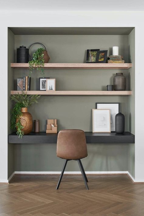 Study Nook Styling, Study Nook Cabinetry, Desk With Floating Shelves Above It, Built In Study Nook, Study Nook In Living Room, Small Built In Desk, Study Nook Ideas, Home Office Cabinetry, Office Cabinetry