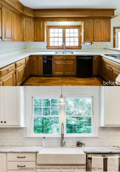 1980's Kitchen Update with Subway Tile and Farmhouse Sink, Fendall Home Renovation, Cobblestone Development Group featured on @Remodelaholic Kitchen Cabinet Refacing, 1980s Kitchen, Small Kitchen Renovations, Before After Kitchen, Refacing Kitchen Cabinets, Diy Kitchen Renovation, Beautiful Kitchen Designs, Cabinet Refacing, Kitchen Renovations