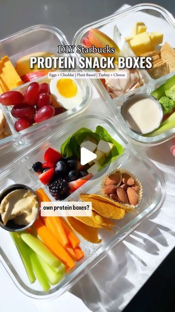 Kelly Kwok - GF Recipes on Instagram: "DIY Starbucks Protein Snack Boxes ✨Comment “send recipe” below + we’ll send / DM the full details + links to the boxes + containers we used straight to your inbox📬

Save $$ by making your own protein bistro boxes at home that are easy to meal prep and customize with your fave add-ins.

✨details of what we used in our copycat bistro boxes:

▫️3-compartment glass meal prep / bento box containers
▫️Stainless Steel Salad Dressing / Small Condiment Containers 
▫️Muffin Liners

1️⃣Eggs + Cheddar Protein Boxes

2️⃣ Tofu / Plant-Based Protein Boxes

3️⃣Turkey + Cheese Protein Boxes

✨Comment “send recipe” below + we’ll send / DM the full details + links to the boxes + containers we used straight to your inbox📬

✨You can also tap the clickable link in my bio Protein Snack Boxes, Protein Boxes, Starbucks Protein, Bistro Box, Bento Boxes Containers, Protein Box, Glass Meal Prep, Condiment Containers, Diy Starbucks