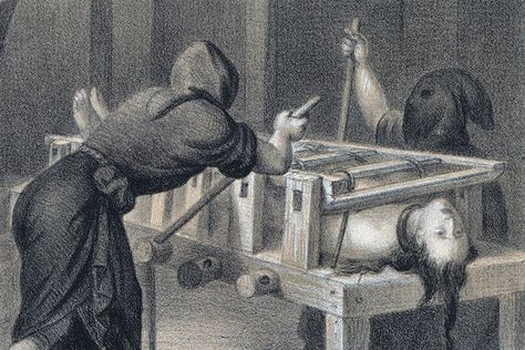 A detail from the 19th century lithograph “The Torture of Isabel Rodriguez.” The lithograph originally appeared in “El Libro Rojo” by Vicente Riva Palacio (1870). In the catacombs of the Bancroft Library, in a chilled, climate-controlled vault, is a ... Goya Paintings, The Spanish Inquisition, Creepy History, Spanish Inquisition, The Catacombs, Medieval Life, Fine Sand, Roman Catholic Church, Jewish Art