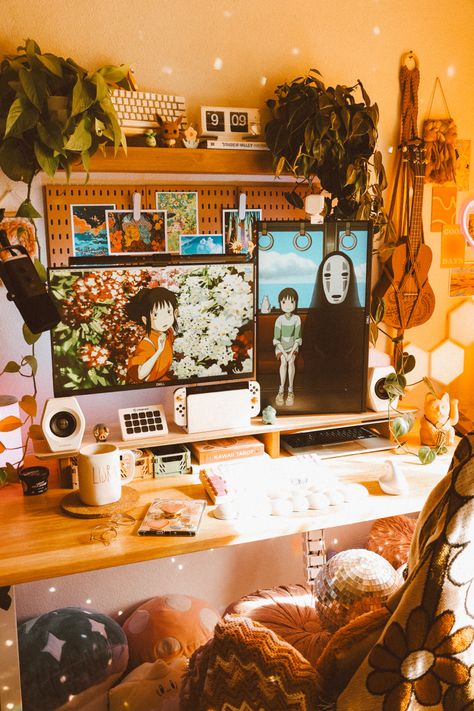 Studio Ghibli Pc Setup, Studio Ghibli Gaming Setup, Ghibli Setup, Ghibli Room, Pc Room, Soft Woman, Lovely Houses, Dream Setup, Tech Room