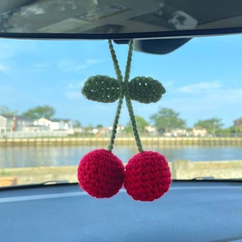 Cherry Car Decor, Rear View Mirror Crochet Pattern Free, Cherry Car Accessories, Car Mirror Hangers Crochet, Crochet Rearview Mirror Decoration, Crochet Mirror Hanging, Crochet Car Mirror Hanging, Crochet Visor, Crochet Car Hanger