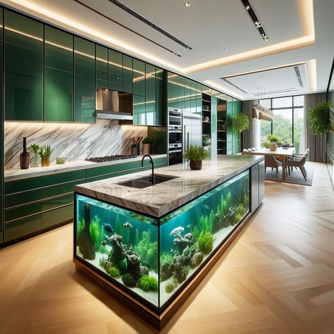 Aquarium Kitchen Islands - Elevate Your Living Space 🐠🍽️🏝️ Transform your kitchen into an underwater paradise with the Aquarium Kitchen Island. This unique centerpiece combines functionality with mesmerizing aquatic beauty, offering a delightful culinary experience. Elevate your cooking space with the Aquarium Kitchen Island, where every meal prep becomes a dive into oceanic splendor. 🌊🍳✨ https://luxarts.net/aquarium-kitchen-island/ Old Kitchen Design, Aquarium Kitchen, Aqua Inspiration, Aquarium Architecture, Custom Aquarium, Unique Kitchen Design, Glass Countertops, Modern Kitchen Island, Minimalist Layout