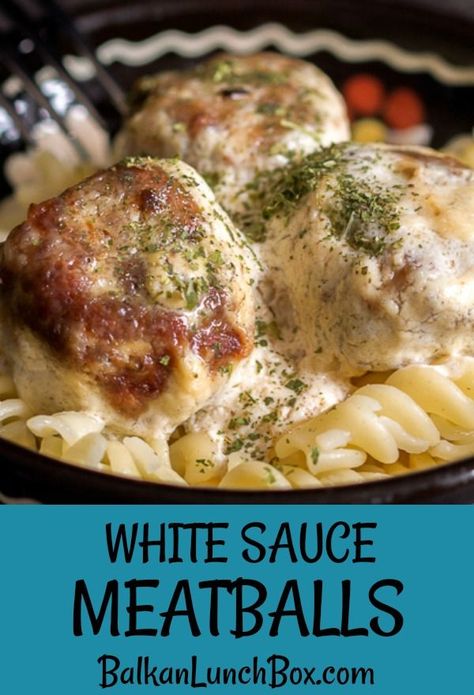 Meatballs in creamy white sauce. Amazing, tasty, simple and easy to prepare. Add some pasta and your dinner is ready! In 30 minutes on your table! #meatballsincreamywhitesauce #meatballswithheavycream #meatballswithwhitesaucepasta #groundbeefmeatballsinsauce #blb #balkanlunchbox Ground Beef Pasta With White Sauce, Meatloaf With White Sauce, White Meatball Sauce, Meatballs And White Sauce, Alfredo Sauce With Meatballs, White Sauce Meatballs, White Sauce For Meatballs, Meatball White Sauce Recipes, Meatballs With White Sauce Pasta