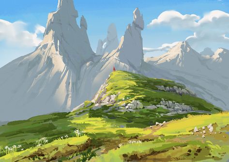 ArtStation - Red man Environment Concept Art Mountains, Grassy Plains Concept Art, Mountain Top Illustration, Fantasy Mountain Art, Shire Landscape, Mountains Concept Art, Village On Mountain, Mountain Background Landscape, Mountain Concept Art