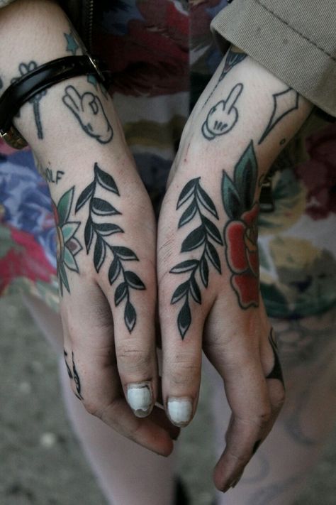 FYeahTattoos.com : Photo Traditional Hand Tattoo, Thumb Tattoos, Branches With Leaves, Leaves Tattoo, Branch Tattoo, Traditional Tattoo Sleeve, Disney Tattoo, E Tattoo, Tattoo Feminina