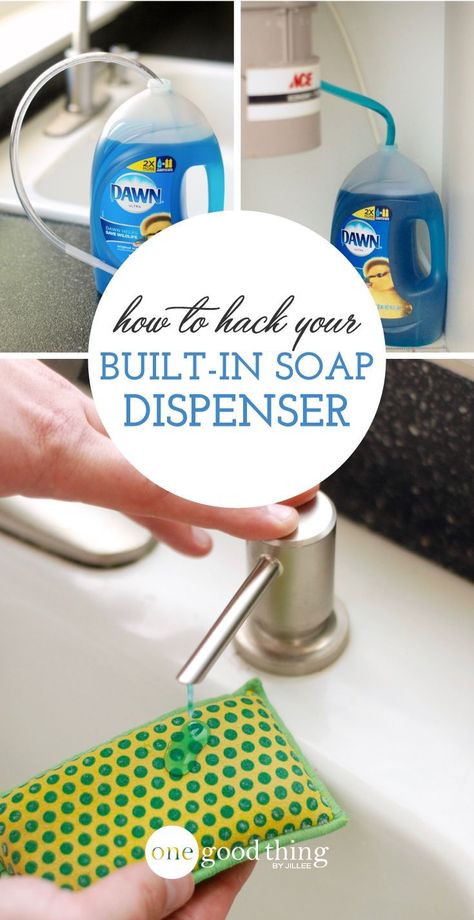 This genius hack for your sink's built-in soap dispenser means you won't have to refill it for MONTHS, and it only costs about $2 in supplies! Sink Soap Dispenser, Bathroom Soap Dispenser, Cleaning Organizing, Simple Tricks, Home Repair, Household Hacks, Diy Kitchen, Fun To Be One, New Kitchen