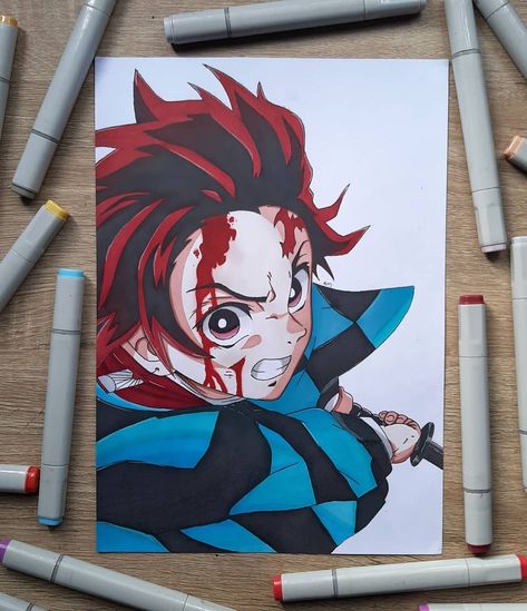 Drawing Of Tanjiro, Tanjiro Painting, Tanjiro Sketch, Tanjiro Drawing, Tanjiro Art, Naruto Goku, Blue Drawings, Naruto Sketch Drawing, Posca Marker