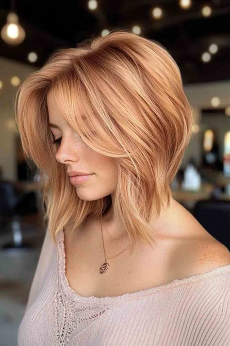 Apricot Hair Color, Strawberry Blonde Color, Blonde Hair Cuts Medium, Strawberry Blonde Bob, Strawberry Blonde Hair Ideas, Apricot Hair, Red And Blonde, Light Strawberry Blonde, 3 Hairstyles