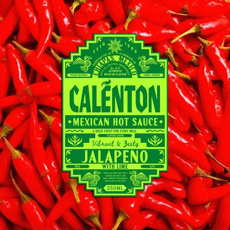 A blend of heritage/tradition & modernity… Introducing Calénton🔥🌶️ @designerbriefs A Mexican Hot sauce brand, designed with the intention of blending heritage and culture with bold, modern design. The design itself was inspired by my trip to Mexico in January, and the carvings and ruins that I saw there. This inspired both the art style of the illustrations and the typographic creative direction. The modernity is introduced through bright, contrasting colours as well as a diecut, graphic label on ... Hot Sauce Graphic Design, Heritage Graphic Design, Sauce Graphic Design, Hot Sauce Aesthetic, Mexican Packaging, Mexico Graphic Design, Ancient Mexican Art, Hot Sauce Branding, Mexican Branding