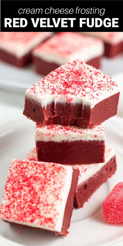 Fans of red velvet cake are going to absolutely love this easy Red Velvet Fudge recipe. It has a rich and creamy fudge layer, then it's topped with a sweet and decadent white chocolate and cream cheese layer. Red Velvet Fudge Easy, Healthy Red Velvet Recipes, Red Velvet Fudge Recipe, Red Velvet Recipes Desserts, Box Red Velvet Cake Mix Recipes, Cheesecake Fudge Recipe, Cream Cheese Fudge Recipe, Quick Fudge Recipe, Vanilla Fudge Recipe