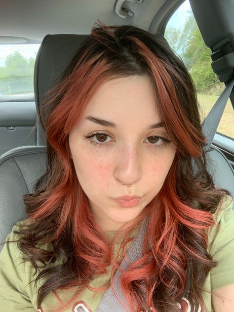 Strands Of Color In Hair, Pink Underlights Brown Hair, Brown And Red Hair Underneath, Coloured Streaks In Hair, Coral Highlights Brown Hair, Red Under Hair, Pink Underhair Dye, Under Dyed Hair Red, Underside Of Hair Dyed Red