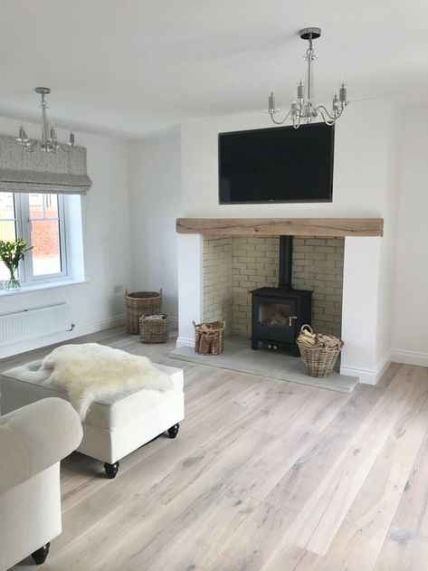 Wood Burning Stoves Living Room Vaulted, Log Burner With Beam, Open Fire Places Ideas Living Room, New Build Log Burner, Fireplace Wood Burner, Log Burner Fireplaces, Kitchen Log Burner, Log Burner New Build House, Wood Burner Stove Living Rooms