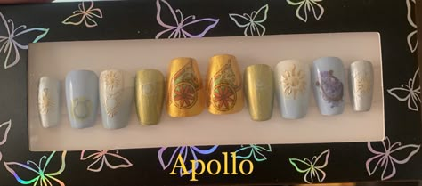 Short coffin: chariot, sun, oracle, lyre, hyacinth Apollo Inspired Nails, Greek Mythology Nail Art, Percy Jackson Inspired Nails, Greek Mythology Nails, Apollo And Hyacinth, Short Coffin, Greek Myth, Nail Art Designs Diy, Nail Polish Ideas