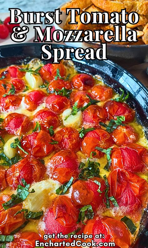 Burst Tomato & Mozzarella Spread is in a black baking dish with a dish of crostini with text overlays. Hearty Appetizer, Toasted French Bread, Burst Tomato, Party Mix Snacks, Easy Grilled Cheese, Warm Appetizers, Tomato And Mozzarella, Mozzarella Pearls, Caprese Salad Recipe