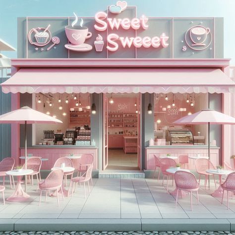 Cute Pink Cafe Interior, Candy Store Display Shelves, Ice Cream Shop Exterior Store Fronts, Pink Boutique Interior Design, Donut Shop Exterior, Pastel Bakery Aesthetic, Small Cake Shop Design, Korean Store Design, Mini Restaurant Design Small Spaces