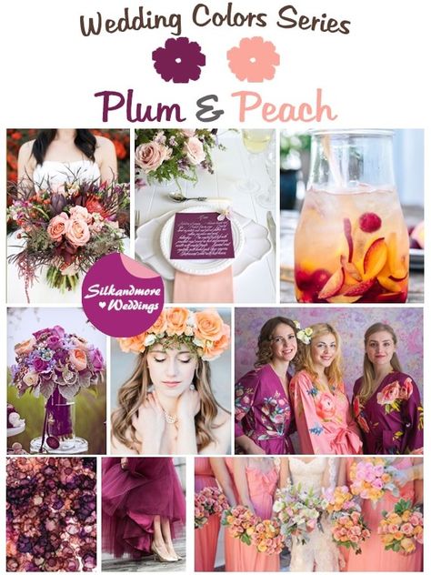 Plum And Peach Wedding, Autumn Branding, Wedding Themes Ideas, Peach Wedding Colors, Reception Entertainment, Bridesmaids Ideas, Berry Wedding, Bridesmaids Robes, Themes Ideas