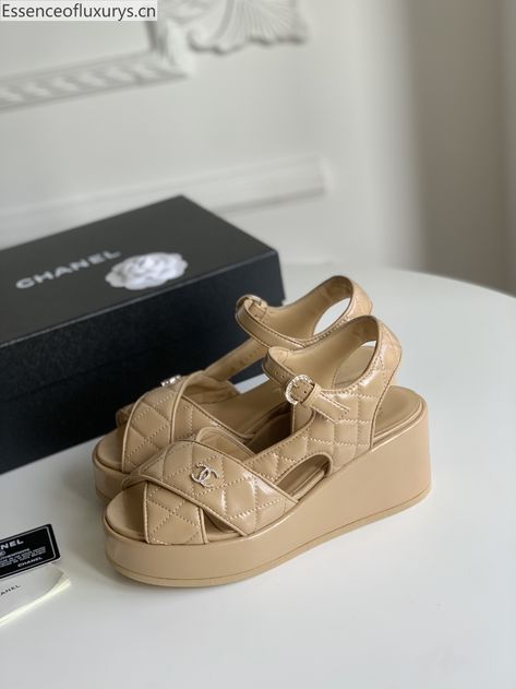 Chanel CC Beige Quilted Lambskin Platform Sandals Chanel Platform Sandals, Online Shopping Shoes, Chanel Sandals, Shopping Chanel, Rich Girl, Replica Handbags, Chanel Shoes, Platform Sandals, Shoes Online