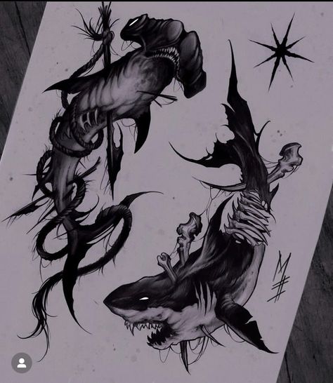 Ocean Animal Tattoos Half Sleeves, Tattoo Ideas Without Shading, Blackwork Ocean Tattoo, Blackwork Shark Tattoo, Black Sea Tattoo, Gothic Shark Tattoo, Scary Shark Tattoo, Scary Fish Tattoo, Scary Ocean Tattoo