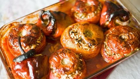 Yemista (Greek Stuffed Tomatoes and Peppers) Recipe - Food.com Yemista Recipe, Greek Stuffed Tomatoes, Macedonian Food, Stuffed Tomatoes, Crowd Pleasing Recipes, Greek Cooking, Mediterranean Food, Greek Dishes, Peppers Recipes