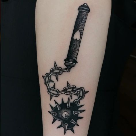 Mace Tattoo Heart, Medieval Vampire Art, Ball And Chain Tattoo Traditional, Heart Flail Tattoo, Patchwork Tattoo Hand, Ball And Chain Tattoo, Mace Tattoo, Flail Tattoo, Medieval Mace