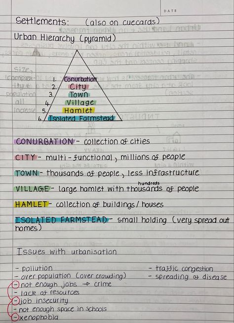 Explantion of urban hierarchy and issues with urbanisation Notes Social Studies, Social Studies Notes, Gcse Geography, School Study Ideas, Nursing School Survival, Study Flashcards, Math Notes, Medical School Studying, School Organization Notes