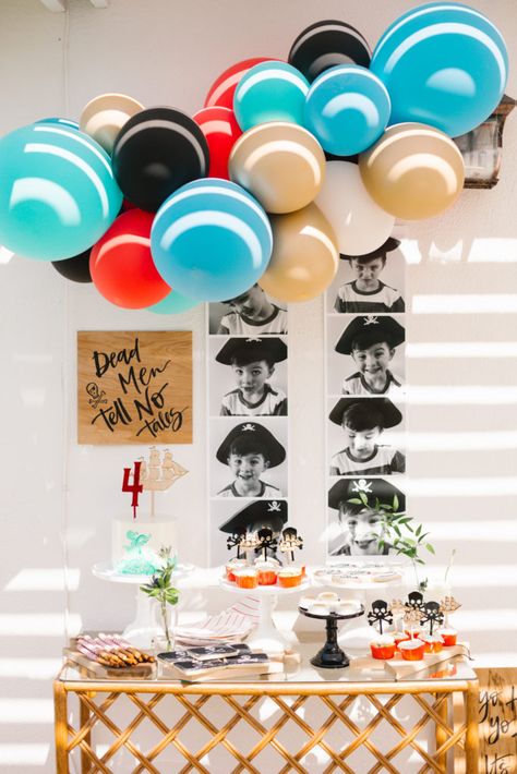 It’s a Pirate Life For Me 4th Birthday Party for Court | 3rd Birthday Pirate Party, Meri Meri Pirate Party, Pirate Themed 4th Birthday Party, Pirate Birthday Decorations, Pirate Themed First Birthday, Pirates Party Decorations, Pirate Balloon Garland, Boys 4th Birthday Themes, Pirate Kids Party