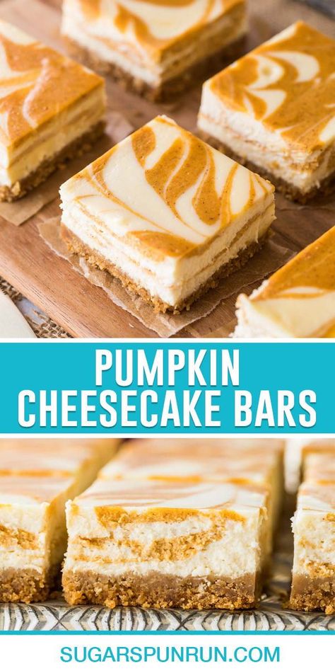 Pumpkin Cheesecake Bars are the easier and less fussy version of pumpkin cheesecake. My recipe uses just 12 ingredients, comes together quickly, and is made WITHOUT a water bath! Easy Pumpkin Cheesecake Bars, Easy Pumpkin Cheesecake, Simple Cheesecake, Pumpkin Filling, Cream Cheese Bars, Cinnamon Roll Bake, Pumpkin Cheesecake Bars, No Bake Pumpkin Cheesecake, Pumpkin Pie Cheesecake