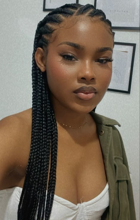 8-10 Feeder Braids, Braids Easy Black Women, Two Cornrow Braids Black Women, Stitch In Braids, Quick Braid Styles Black Hair Simple, Cornrows With Knotless Box Braids, Feedins Braids For Black Women, Corn Rolls Braids Hairstyles Cornrows, Braids For Vacation Black Women