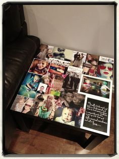 Modge Podge side table.  I've done big photo storage boxes but this is a fun idea for a coffee table or end tables in a finished basement Resin Photo Table, Modge Podge Table, Superhero Projects, Collage Furniture, Music Sayings, Photo Storage Boxes, Coffee Table Redo, Mod Podge Projects, Photo Storage Box