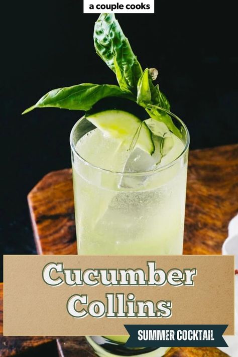 This refreshing Cucumber Collins cocktail is a summery spin on the Tom Collins! It’s tart and bubbly, with fresh basil, lemon and gin. Cucumber Collins, Cooked Cucumber, Basil Cocktail, Cucumber Basil, Cucumber Cocktail, Cucumber Lemonade, Cucumber Vodka, Best Fish Recipes, Most Pinned Recipes