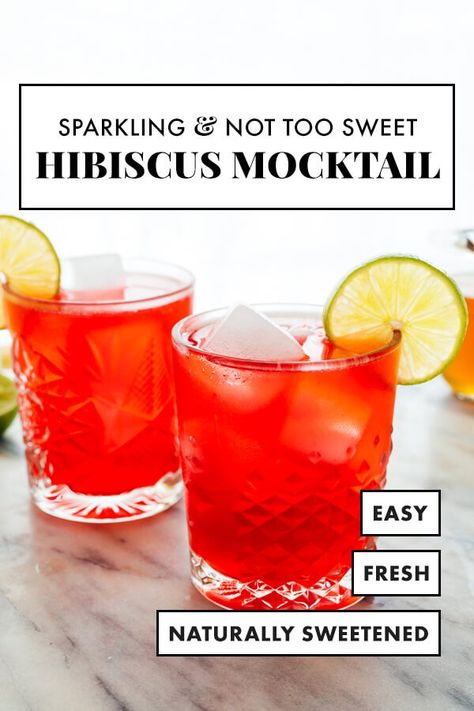 Looking for a not-too-sweet mocktail recipe? This sparkling non-alcoholic hibiscus drink is just the ticket! It's colorful, festive, and simple to make. #mocktail #nonalcoholic #punch #partydrink #lowcalorie #cookieandkate Hibiscus Mocktail, Nonalcoholic Punch, Hibiscus Drink, Cold Brew Iced Tea, Honey Simple Syrup, Easy Food Recipes, Alcohol Free Drinks, Drink Recipes Nonalcoholic, Tea Cocktails