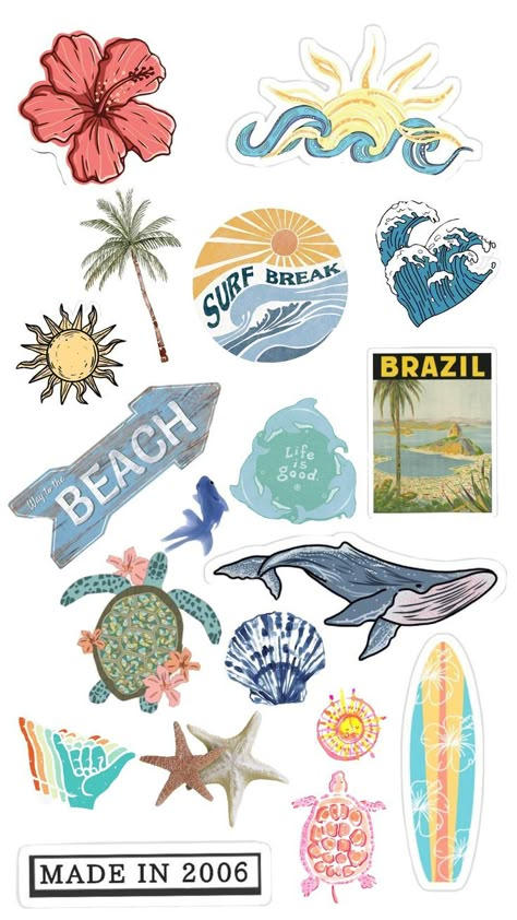 Beach Stickers Aesthetic Printable, Surf Stickers Aesthetic, Beach Stickers Printable, 2025 Stickers Aesthetic, Surfer Stickers, Arte Glitter, Surf Stickers, Vsco Stickers, Sticker Design Inspiration