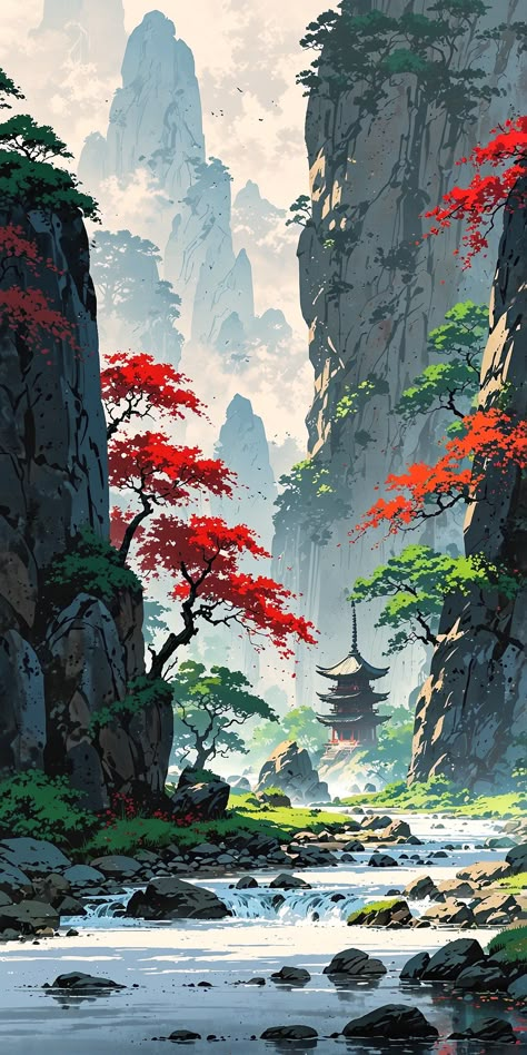 Japan Scenery Aesthetic, Japan Nature Wallpaper, Japanese Fantasy Landscape, Nomad Aesthetic, Dreamy Pictures, Japanese Art Samurai, Samurai Wallpaper, Dreamy Landscapes, Japon Illustration