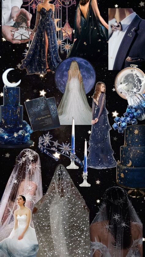 StarryNight//WeddingCollage//StarryNightInspo Parents 25th Anniversary, Dark Forest Wedding, Starlight Wedding, Dream Wedding Aesthetic, A Night Under The Stars, Bridal Things, Wedding Collage, Debut Ideas, Night Under The Stars