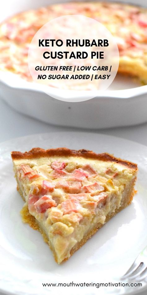 Keto Rhubarb Custard Pie. A delicious, easy keto dessert. This is a great way to use up rhubarb from the garden. It's a perfect time of year for this seasonal vegetable (yes it's a vegetable...though it tastes more like a fruit). The tangy rhubarb compliments the sweet custard filling so well! And the cinnamon almond flour crust is the perfect final touch. Rhubarb Keto, Keto Rhubarb, Rhubarb Custard Pie, Rhubarb Custard Pies, Keto Pies, Rhubarb Recipes Pie, Keto Pie, Rhubarb Custard, Dinner Recipes Keto