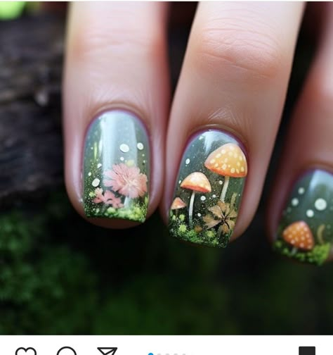 Mushroom Pedicure, Moss Nail Art, Mushroom Nails Art, Forest Nail Art, Mushroom Nail Designs, Cottage Core Nails, Moss Nails, Nature Nail Art, Autumn Nail Colors