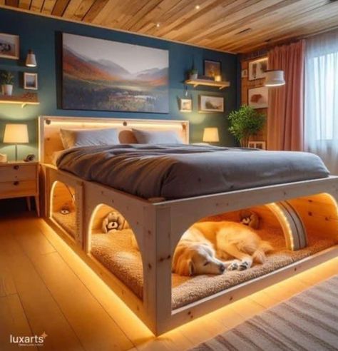 Dog Bed Extension Of Human Bed, Bed With Dog Bed Underneath, Bed Extension For Dog, Space Saving Furniture Bedroom, Human Dog Bed, Adult Bed, Dream Bedroom Inspiration, Bedroom Bed Design, Dream House Interior