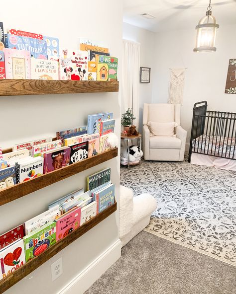 Infant Room Book Storage, Nursery Room Book Storage, Nursery Shelves Books, Hanging Nursery Bookshelves, Nursery Book Self, Wooden Bookshelf Nursery, Book Shelf Wall Nursery, Wall Bookshelf Ideas Nursery, Nursery Hanging Book Shelves