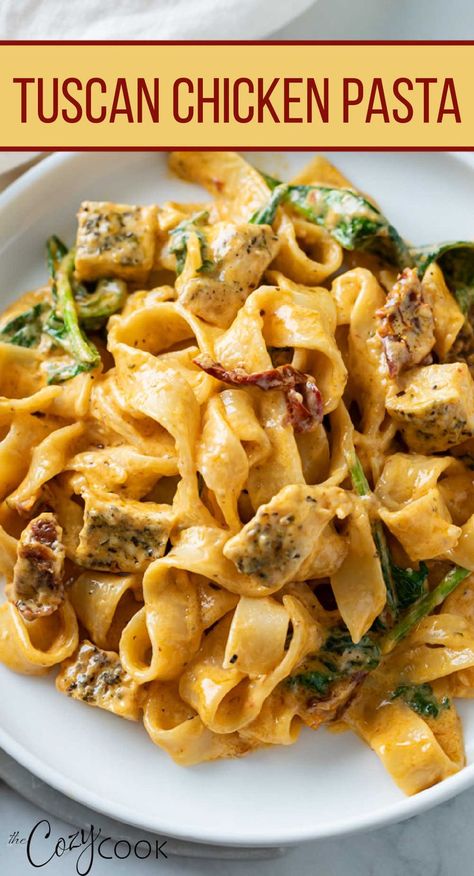 tuscan chicken pasta on a white plate with pappardelle pasta, bacon, spinach and chicken Pasta One Pot, Pappardelle Recipe, Tuscan Chicken Pasta, Seasoned Chicken, Tuscan Chicken, Favorite Recipes Dinner, Pasta Dinners, Pasta Dinner Recipes, Tasty Pasta