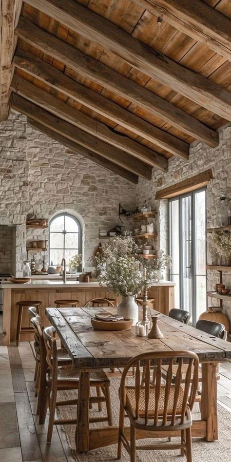 Farmhouse Trends, Rustic Kitchen Design, French Country Kitchen, Stone Walls, Pole Barn Homes, Kitchen And Dining Room, Dream House Interior, Stone House, Cottage Homes