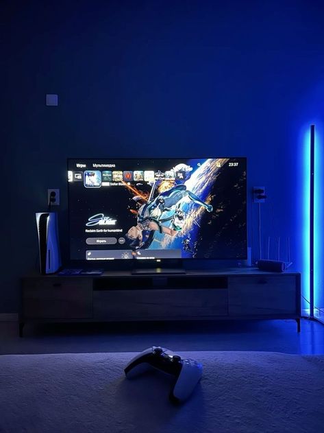 Gaming Setup Aesthetic Ps5, Gaming Setup Playstation, Playstation Tv Setup, Playstation Gaming Setup, Playstation Room Ideas, Playstation 4 Aesthetic, Ps5 Set Up, Gaming Aesthetic Boy, Playstation 5 Setup