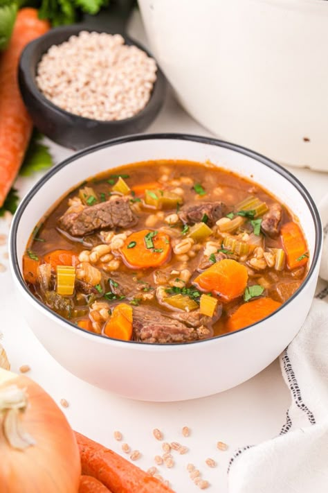 Enjoy the ultimate comfort food with our hearty beef barley soup, made with tender beef, barley, and a medley of vegetables simmered in a yummy broth. Beef Barely Soup, Barely Soup, Leftover Roast Beef Recipes, Bible Strength, Meat Soup, Beef And Barley Soup, Roast Beef Recipe, Beef And Barley, Southern Comfort Recipes