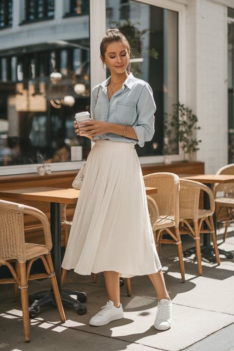 15 White Skirt Outfit Ideas You’ll Love To Wear This Season – fashionbylina.com White Button Skirt Outfit, Simple Outfits With Skirts, White Button Down Shirt Skirt Outfit, Long Cream Pleated Skirt Outfit, White Long Pleated Skirt Outfit, Outfits With Cream Skirt, Spring Outfit Skirt, White Silk Maxi Skirt Outfit, White Skirt Outfit Autumn