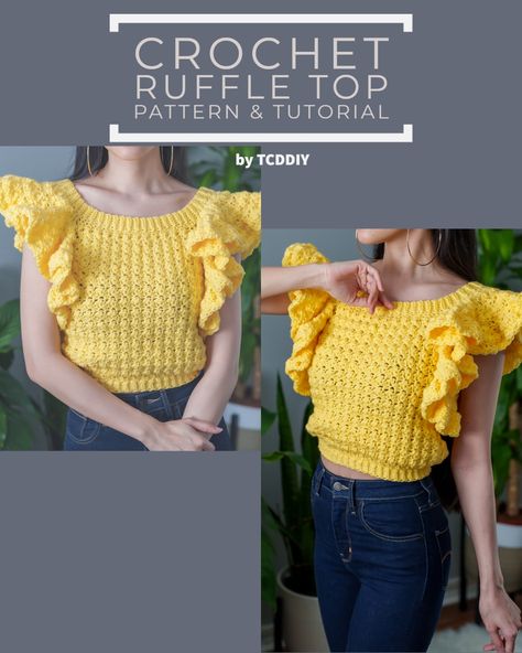 Are you looking for a unique and stylish way to make your own crochet clothes? Look no further! Our step-by-step crochet pattern tutorial is easy to follow and will help you make beautiful and unique clothes. With our detailed photo patterns and click-me options, you can make sure that you get exactly the piece you’re looking for. So, click now and get started with your perfect crochet pattern! Ruffle Sleeve Top Pattern, Ruffle Top Pattern, Crochet Ruffle Top, Crochet Shirts, Crochet Pattern Tutorial, Clothes Sweater, Crochet Spring, Modern Crochet Patterns, Crochet Ruffle