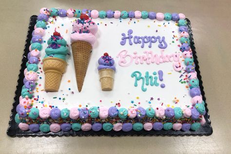 Four Ever Sweet Cake Ideas, Fourever Sweet Cake, Four Ever Sweet Birthday Party Cake, Ice Cream Cone Sheet Cake, Sweet One First Birthday Sheet Cake, Ice Cream Theme Sheet Cake, Four Ever Sweet Birthday Cake, Ice Cream Decorated Cake, Sixth Birthday Cake