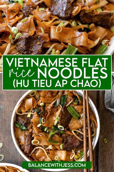 Vietnamese Flat Rice Noodles Stir Fry with Beef (Hu Tieu Ap Chao) is very similar to Beef Chow Fun! Wide rice noodles are stir fried with steak, gai lan, bean sprouts, and green onion. The sauce is sweet, savory, and salty. This is great for crowds or a family dinner! Easy, 30 minutes, dairy free. Vietnamese Party Food, Wide Rice Noodles, Hu Tieu, Mi Xao, Flat Rice Noodles, Beef Noodle Stir Fry, Easy Vietnamese Recipes, Chow Fun, Rice Noodles Stir Fry