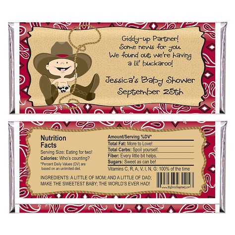 Little Cowboy - Personalized Baby Shower Candy Bar Wrapper Favors | BigDotOfHappiness.com Cowboy Baby Shower Theme, Birthday Party Candy Bar, Cowboy Candy, Personalized Candy Bars, Cowboy Theme Party, Baby Shower Candy Bar, Candy Bar Party, Easy Party Decorations, Cowboy Baby Shower